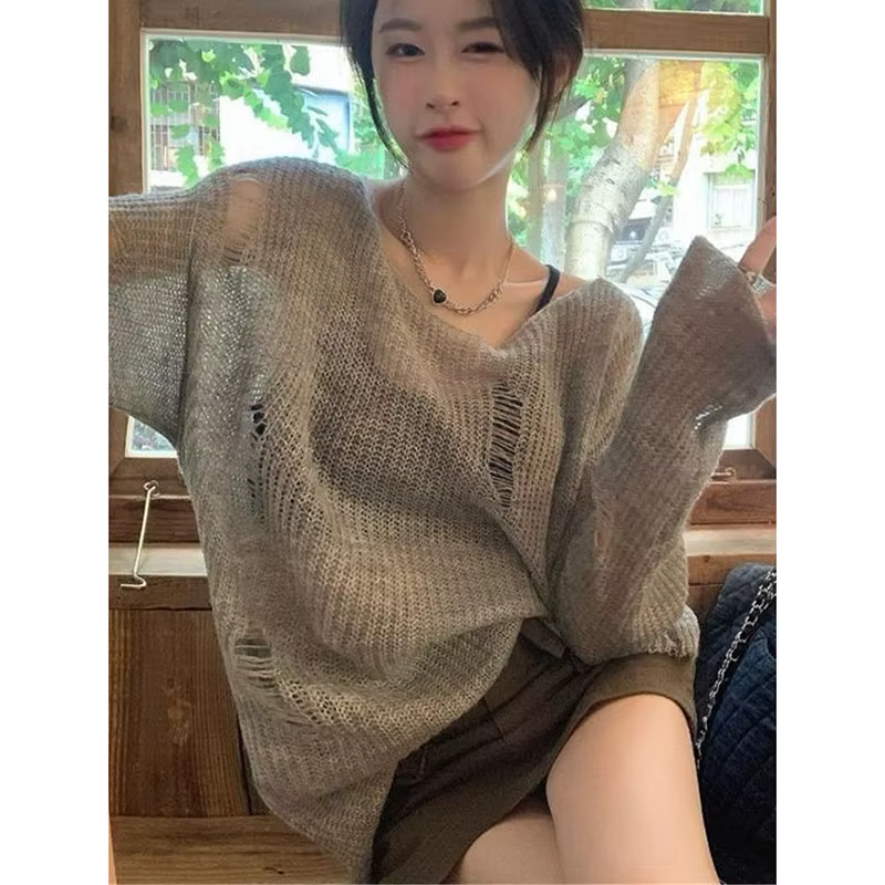 Pulls en tricot à trous style décontracté pour femme