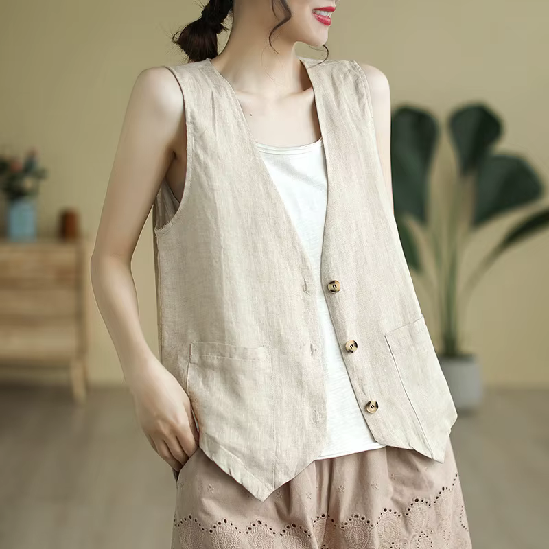 Gilet en lin et coton pour femmes, sans manches, style Boho, col en v, court, décontracté, sur chemise, léger, couleur unie, vêtements d'extérieur, été