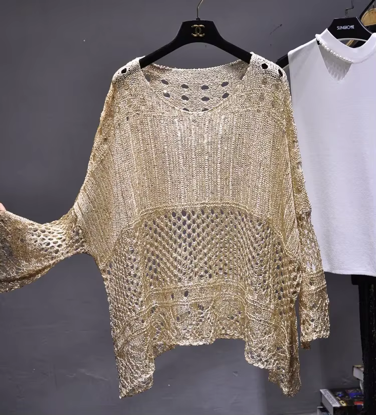 Pull tricoté décontracté à sequins brillants et fil doré