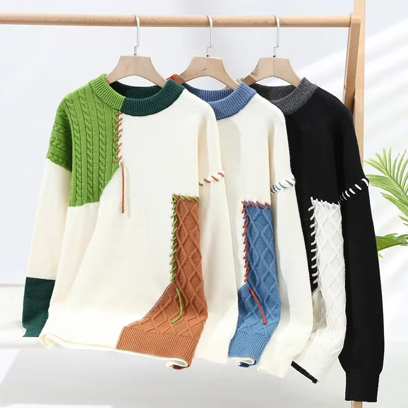 2025 nouveau mâle Patchwork pull tendance haute rue mode automne et hiver chaud hommes Hip-hop rue vêtements hommes pull chemise