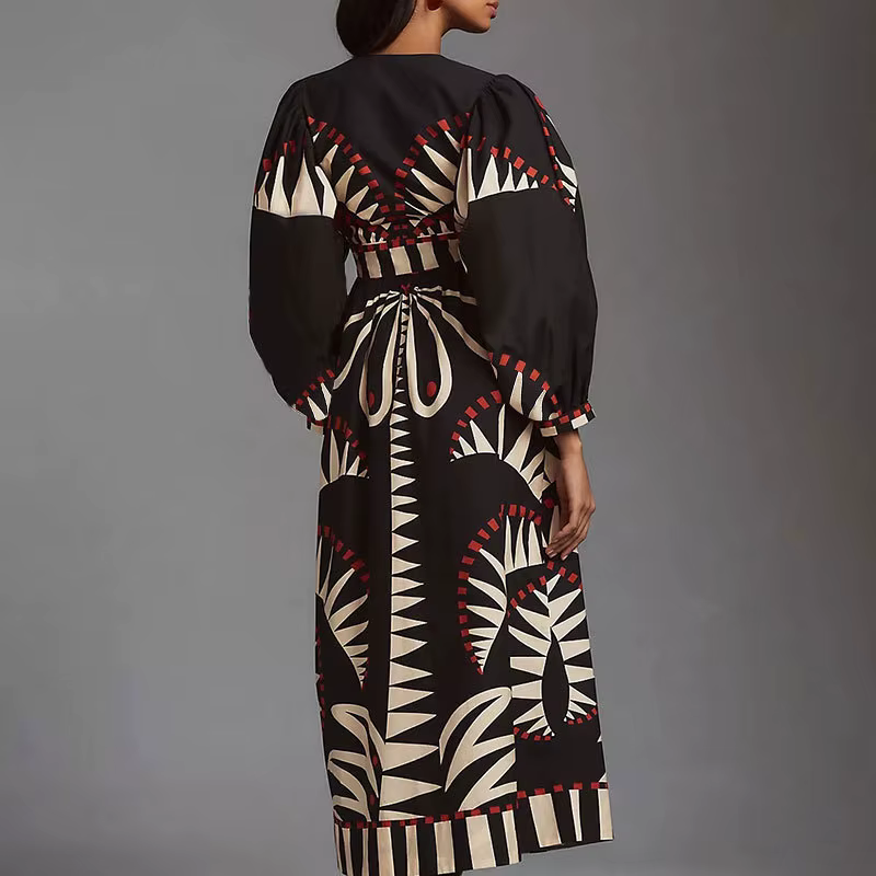Robes imprimées noires à col en v, manches lanternes, mode dame, taille haute, longues, classiques, nouvelles tenues de vocation féminines, 2025
