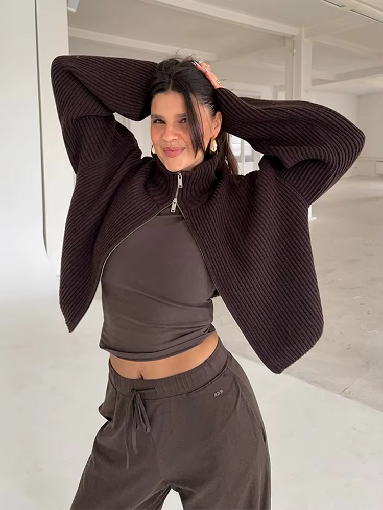 Cardigan en tricot à panneaux avec fermeture éclair pour femmes