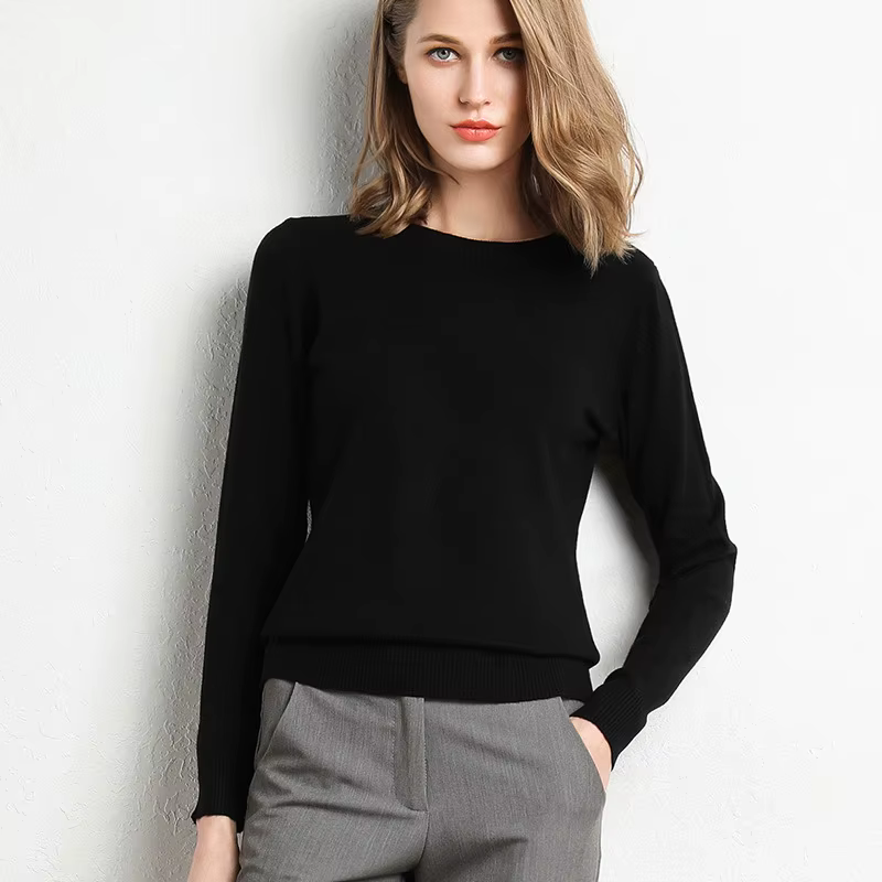 Pull Slim à col rond pour femme, mélange de laine et cachemire, chemise à manches longues en tricot, grande taille, automne et hiver, 2024
