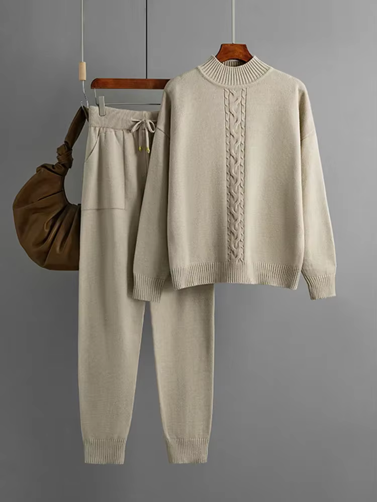 Automne hiver pull 2 pièces ensembles femmes décontracté demi col roulé tricot hauts pullover Conjuntos taille haute sarouel costumes