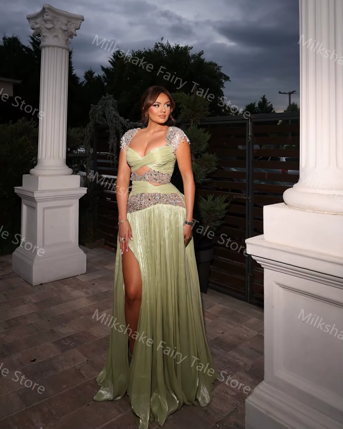 Robes de soirée vert sauge coupe trapèze, magnifiques perles, sans manches, fente latérale, longueur ras du sol, robes personnalisées pour occasions spéciales