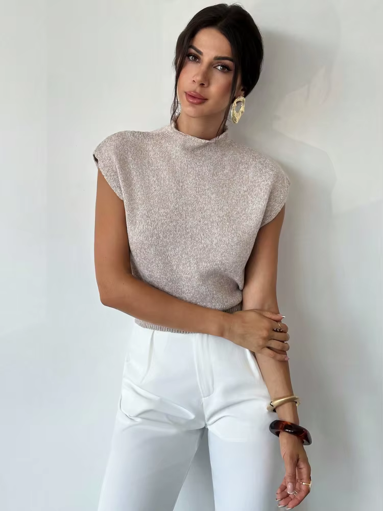 Pull en maille à col montant et manches courtes pour femme – Printemps