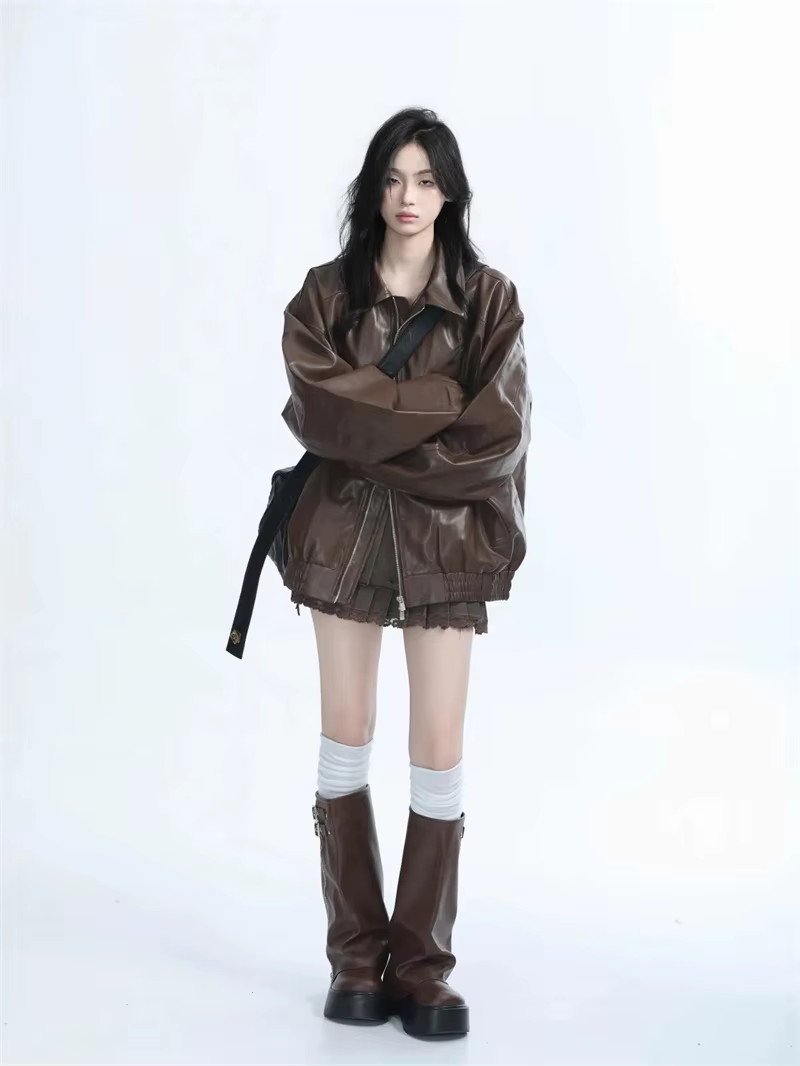 Nouvelle veste en cuir PU marron style locomotive pour femme