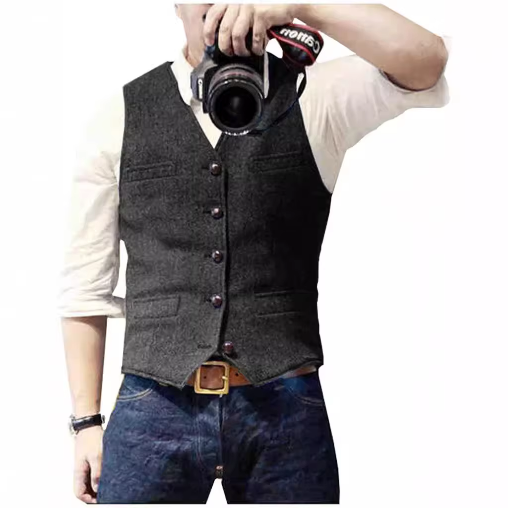 Gilet de costume pour hommes, col en V, décontracté, classique, formel, Business, en Tweed à chevrons, Slim Fit, pour garçons d'honneur de mariage