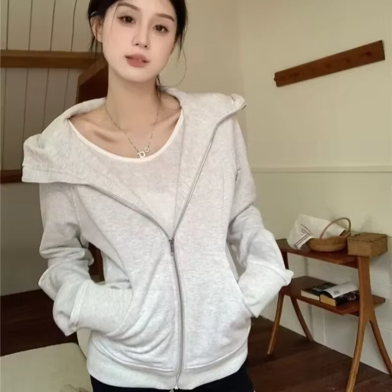 Vestes à capuche monochromes pour femmes, manches longues, fermeture éclair mince, tout match, jeunes filles, vêtements de mode, style coréen, ins, printemps, automne