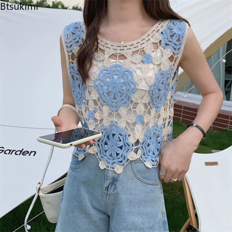 Nouveau pull court en maille ajourée brodé de fleurs au crochet pour femme 2026 – Blouse bohème de plage