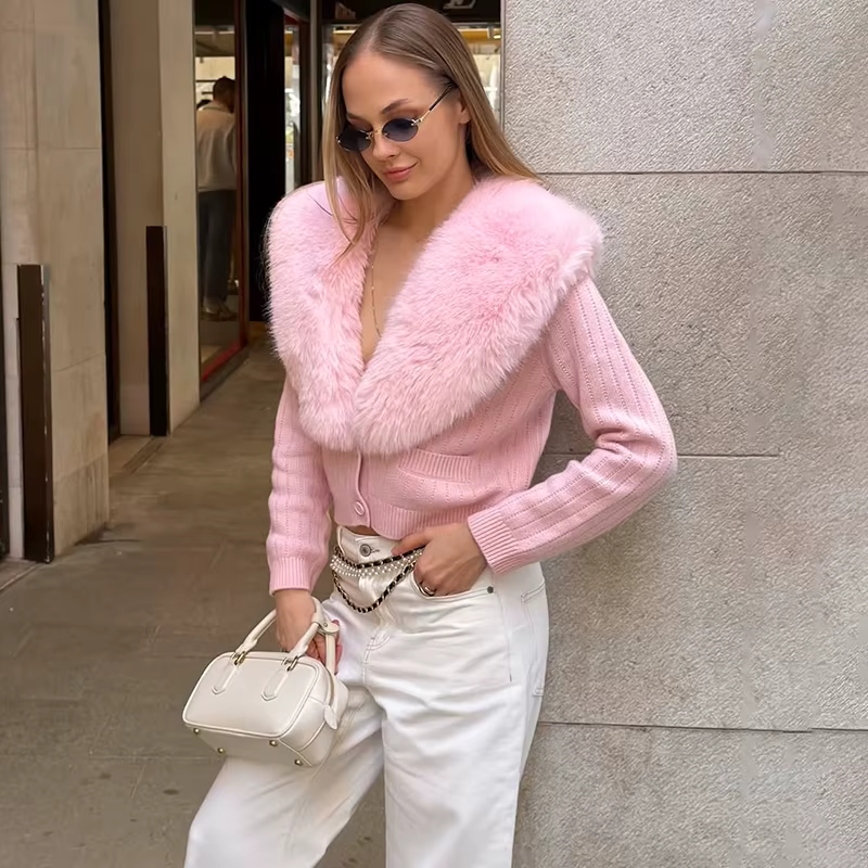 Tornova col de fourrure tricoté Cardigan femmes boutons à manches longues solide mince pull manteau femme automne hiver