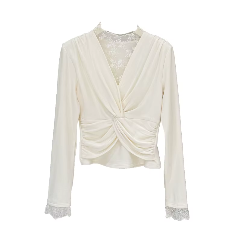 Pull en tricot torsadé en dentelle et col en v pour femme