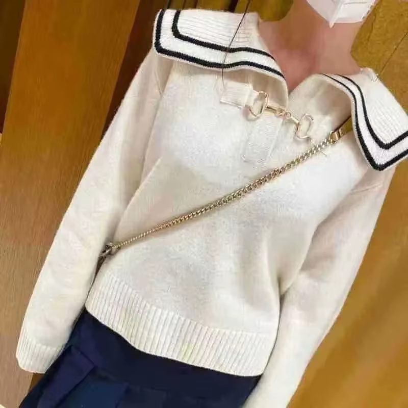 Pull à col marin pour femme, style preppy, automne-hiver, pull à manches longues, tricot avec chaîne en métal