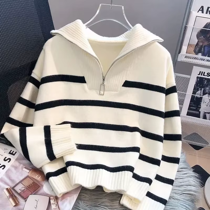 Pull acétate ample et décontracté avec fermeture éclair pour femmes, coupe rayée, automne et hiver