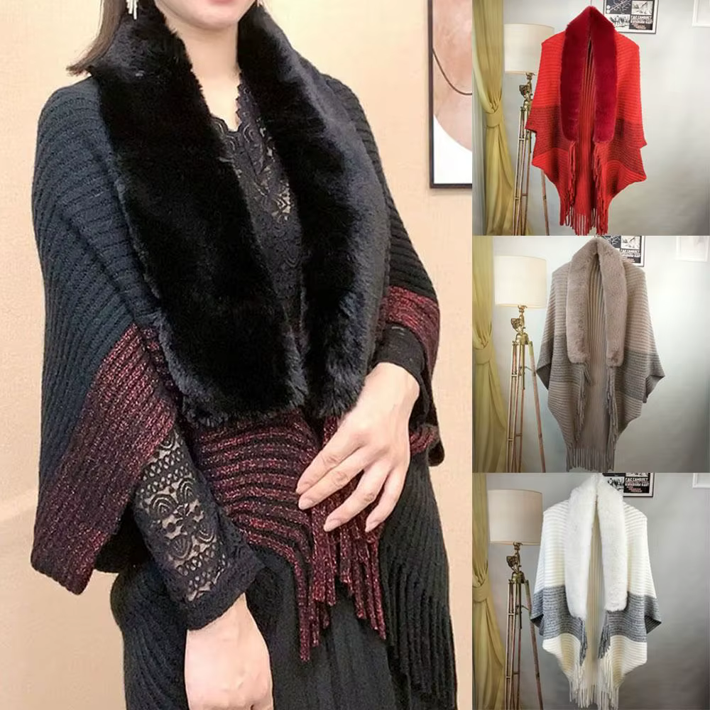 Cape Cardigan à la mode, col en fausse fourrure, enveloppes en peluche, châle tricoté, chaud pour l'hiver