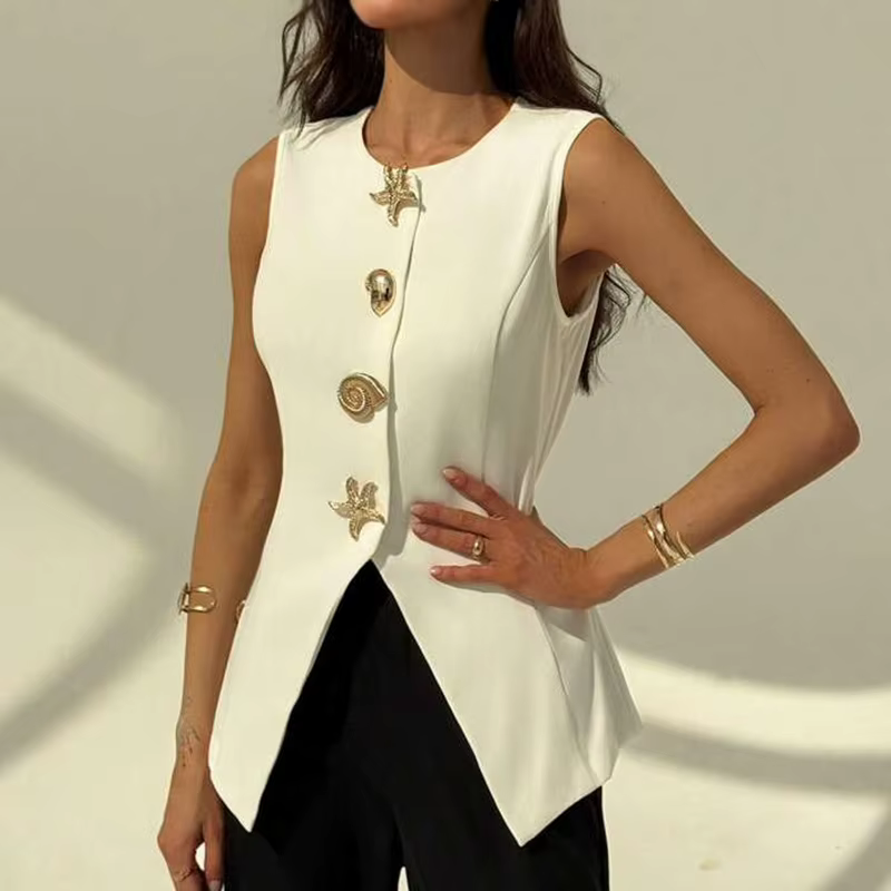 KUCLUT 2025 nouvelle mode col en v simple boutonnage gilet pour les femmes élégant polyvalent taille fendue conception débardeurs femme 1A674