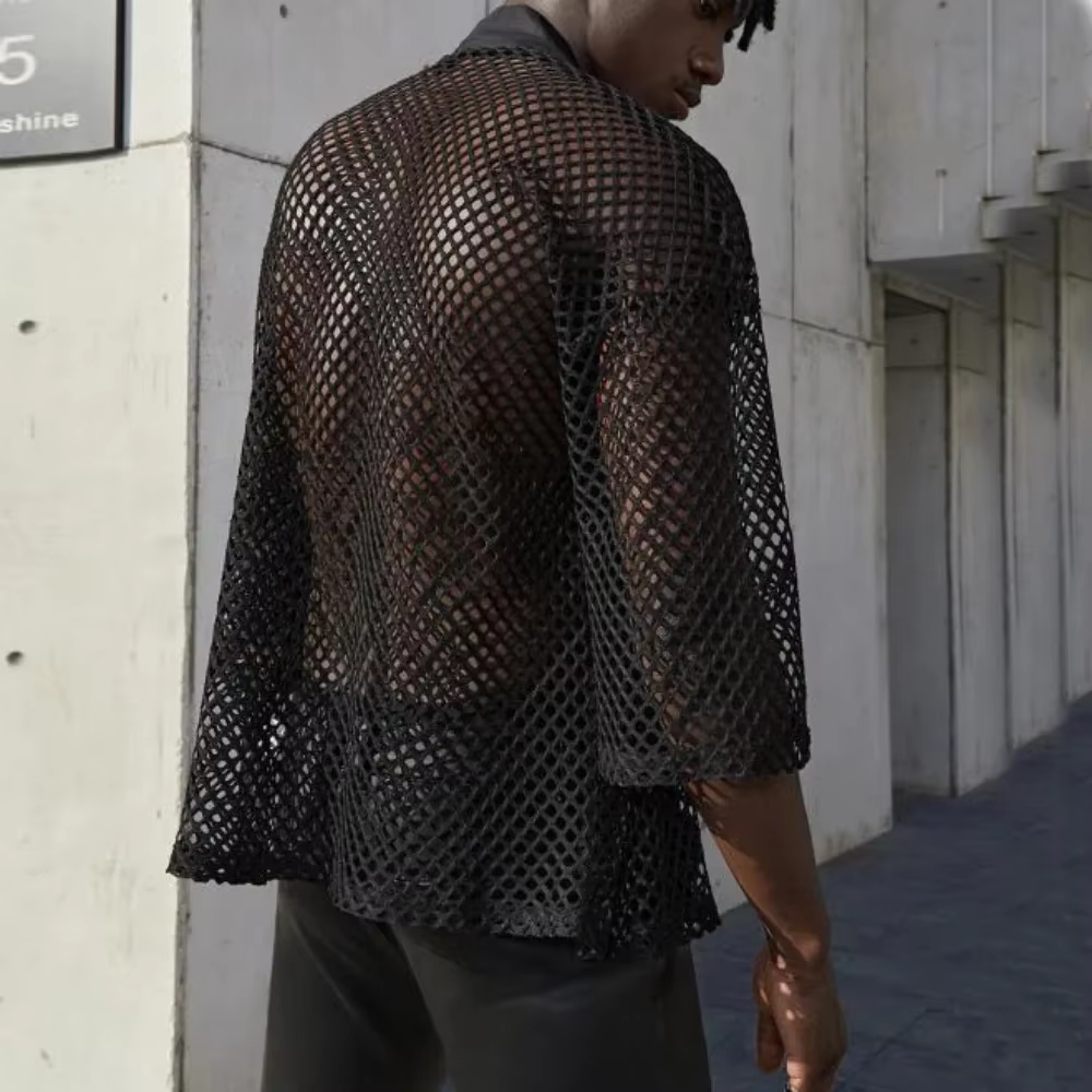 Hommes hauts en maille évider T-shirt masculin Cardigan châle Streetwear hommes mode Performance porter chemise haute Chemise Homme