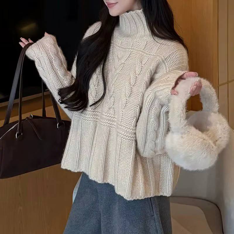 Nouveau pull torsadé semi-col roulé pour femme