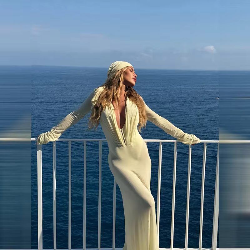 Robe longue sexy en maille transparente à manches longues pour femme, col en V profond, robe de soirée élégante, froncée, coupe ajustée, pour club et plage