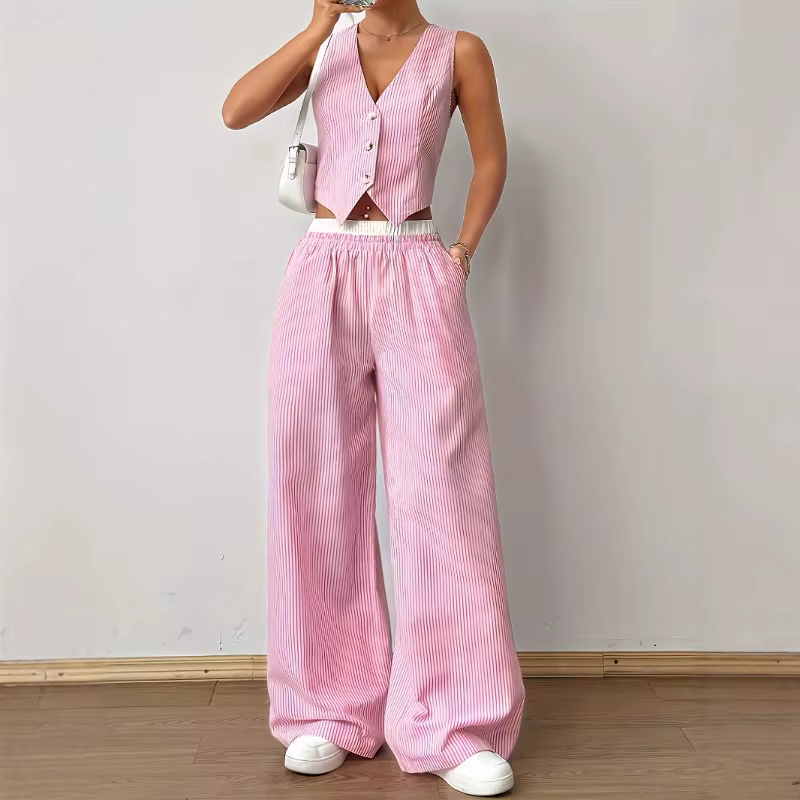 2025 nouveau élégant rayé sans manches col en v gilet taille contraste Co pantalon deux pièces ensemble été Woen ensembles mode costume haut