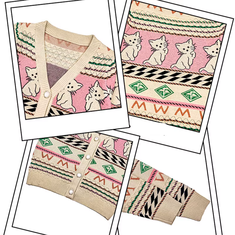 Pull cardigan de dessin animé vintage pour enfants, tricots classiques et rétro, vêtements mignons pour adolescents, mode pour enfants, nouveau, printemps, chat