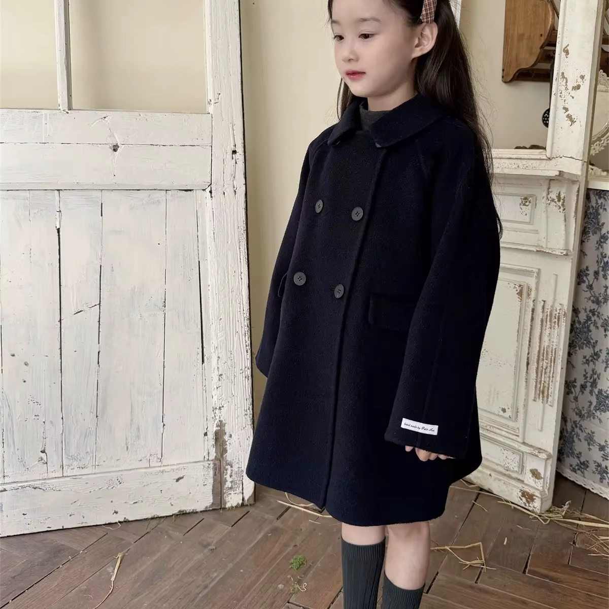 Manteau en Laine Double Boutonnage pour Filles, Nouvelle Mode, Col Claudine, Double Face, Veste Mi-Longue Polyvalente pour Enfants