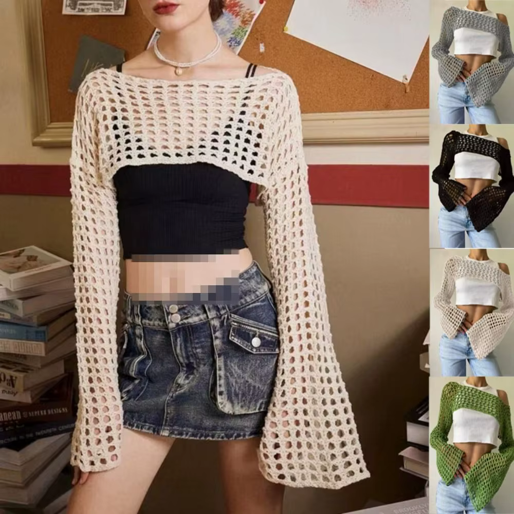 Y2K manches haussement d'épaules pull fibres acryliques douces femmes Crochet haut court