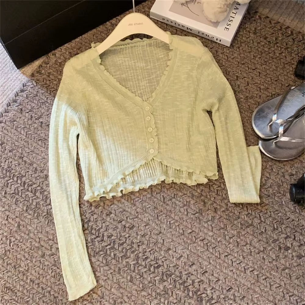 2025 pull été rose Cardigan mode coréenne dentelle bouton à manches longues haut court femmes