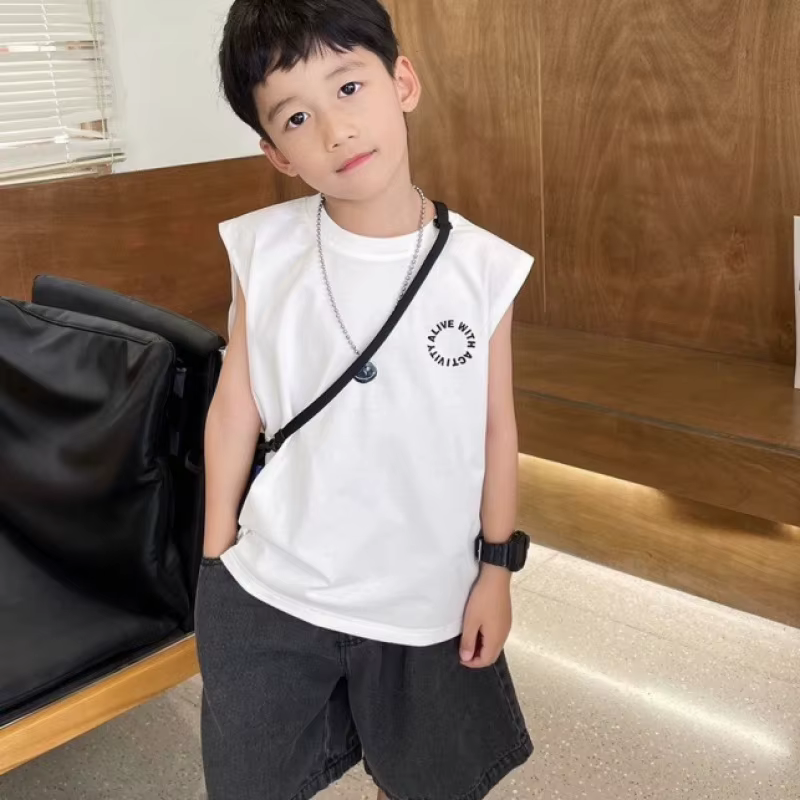 Bébé garçon lettre imprimé gilet 2025 vêtements d'été filles sans manches solide T-Shirts enfants mode hauts amples enfants T-Shirts occasionnels