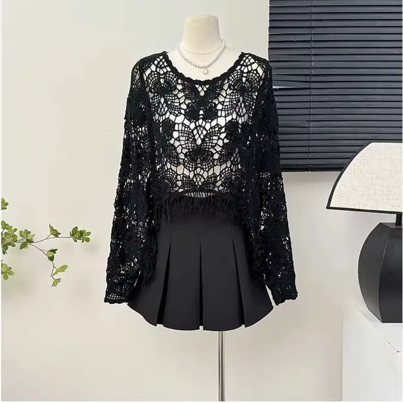 Poncho court en tricot à franges avec manches chauve-souris pour femmes