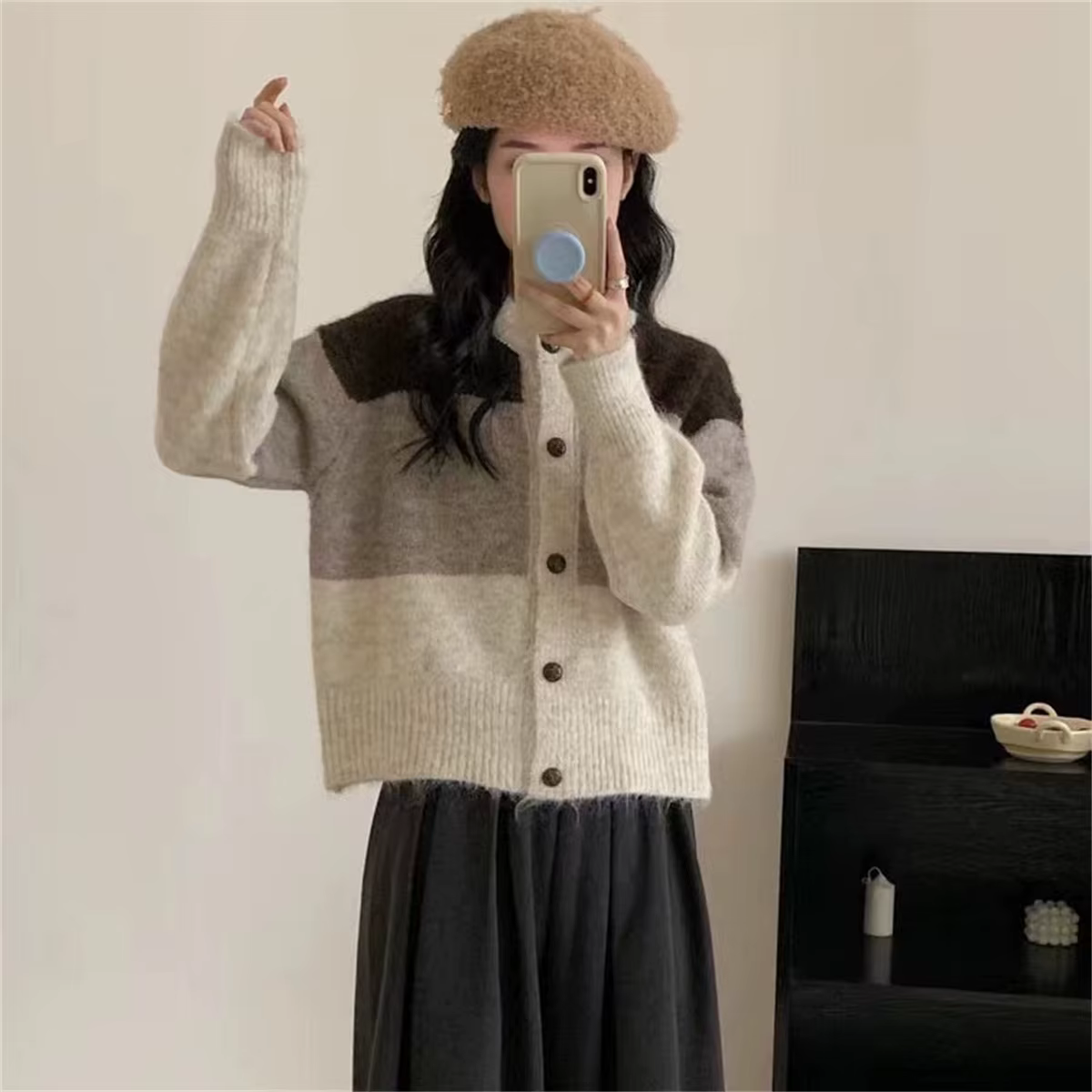 Manteau pull rayé à blocs de couleurs