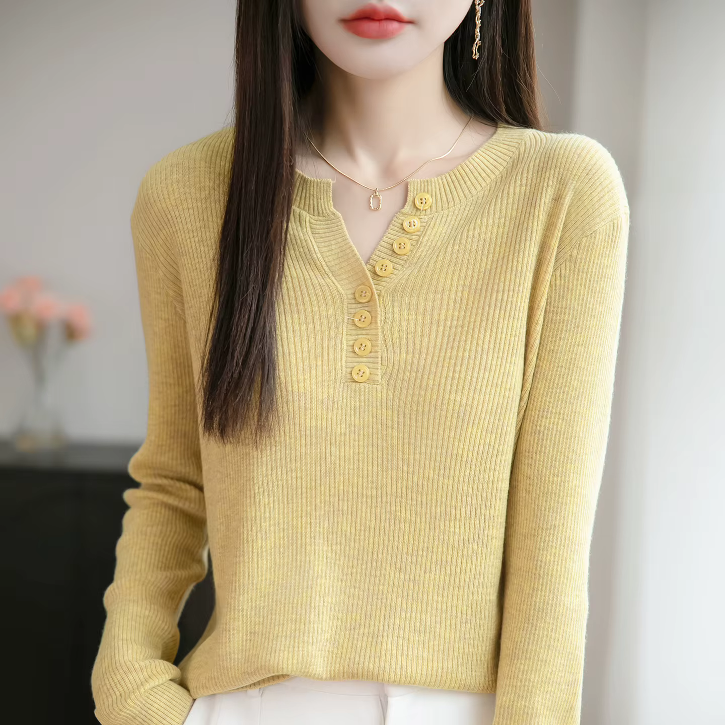 Laine peignée col rond pull femmes couleur unie bouton à manches longues haut automne hiver mode tricot Stretch femme