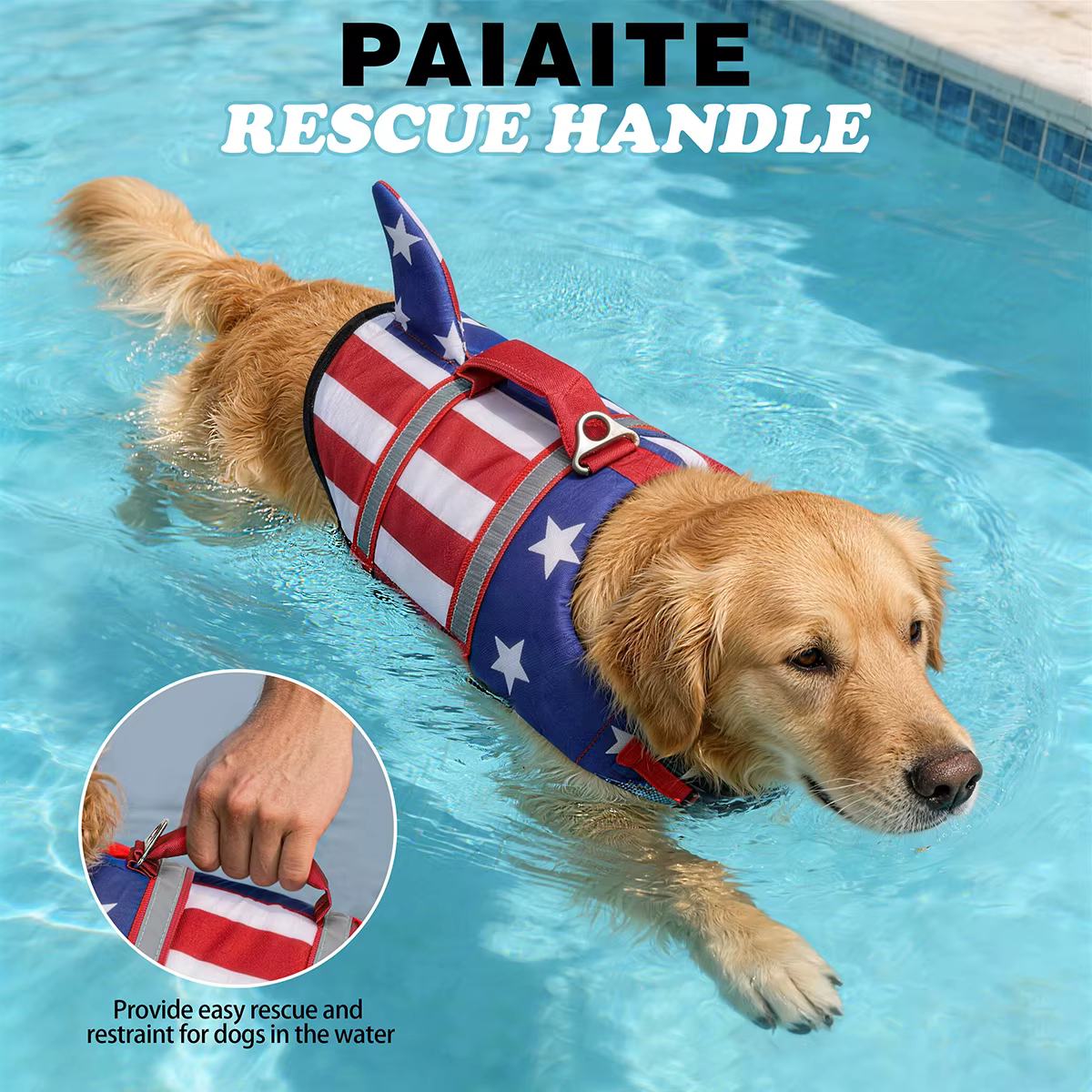 Gilet de sauvetage pour chien Shark US Flag, gilet de natation réfléchissant avec poignée de sauvetage, flottabilité élevée réglable pour chiens de petite, moyenne et grande taille