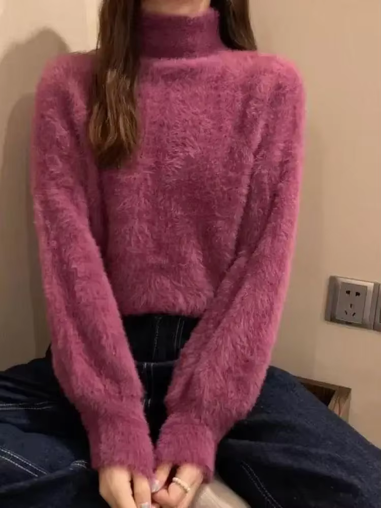 Pull à col roulé en laine de vison pour femme