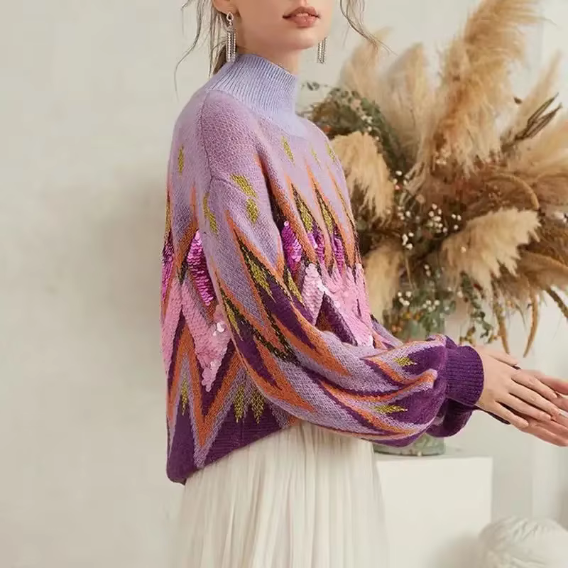 Pull à col roulé brodé à paillettes violettes pour femmes