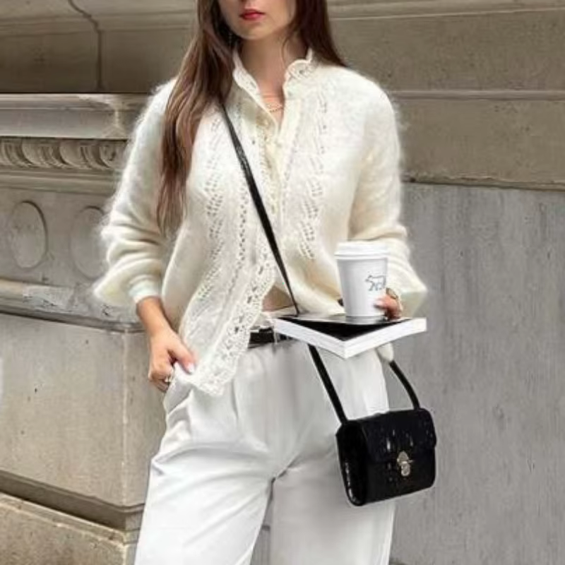 Cardigan blanc en dentelle creuse pour femme