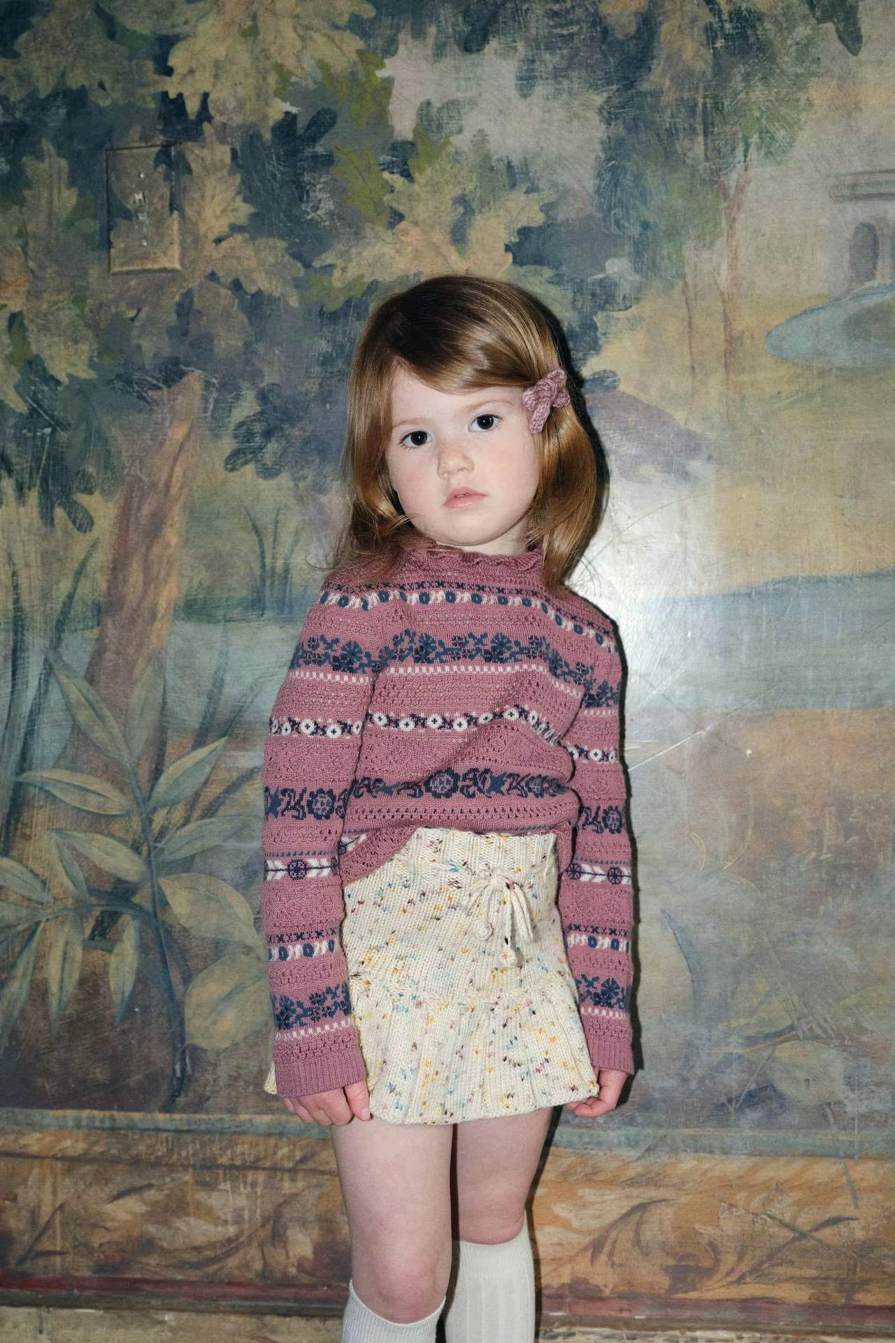 Pull pour enfants 2025, vêtements d'automne et d'hiver pour enfants, série MP Holiday, robe pull en tricot ajouré Vintage pour filles