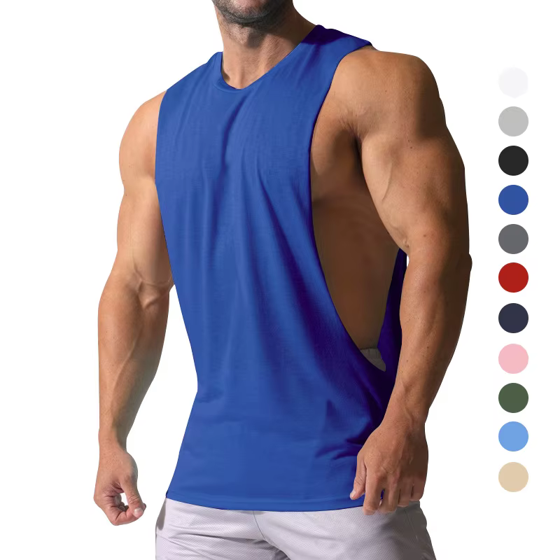Gilet d'été pour homme à épaules larges, couleur unie, sportif, avec grandes fentes latérales, coupe ample, sans manches
