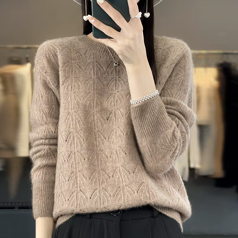 BELIARST vêtements pour femmes pull printemps et automne nouveau tricoté haut creux 100% laine mérinos col rond