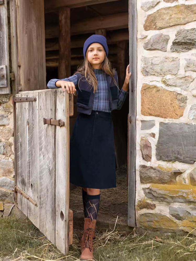 AP 2025 AW collection velours côtelé bleu marine enfants filles garçons pull robe jupe famille correspondant vêtements