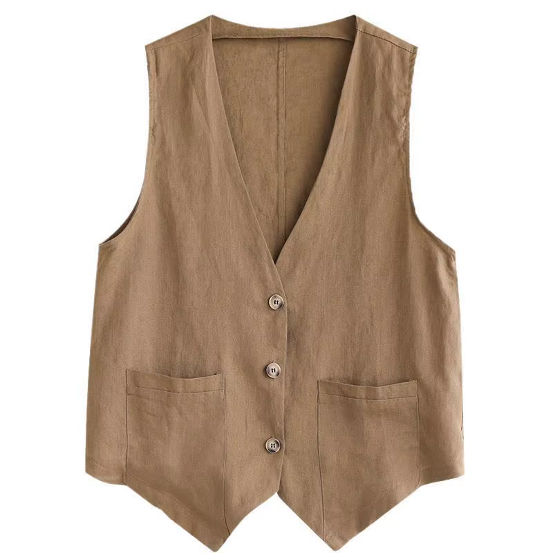 Gilet en lin et coton pour femmes, sans manches, style Boho, col en v, court, décontracté, sur chemise, léger, couleur unie, vêtements d'extérieur, été