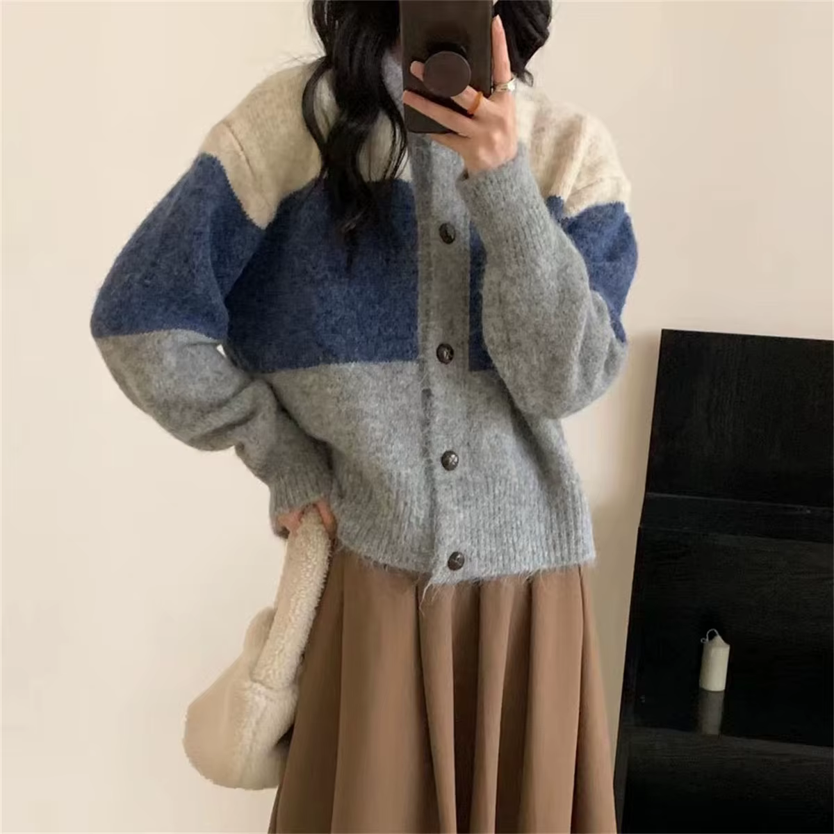 Manteau pull rayé à blocs de couleurs