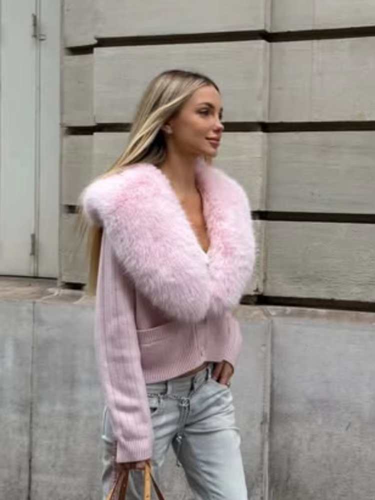 Cardigan pour femme, col en fausse fourrure