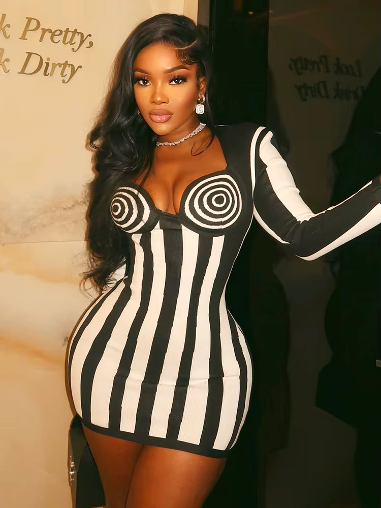 VC-Robe courte rayée à col carré pour femmes, manches longues, mini batterie, robe de cocktail, robe de soirée club