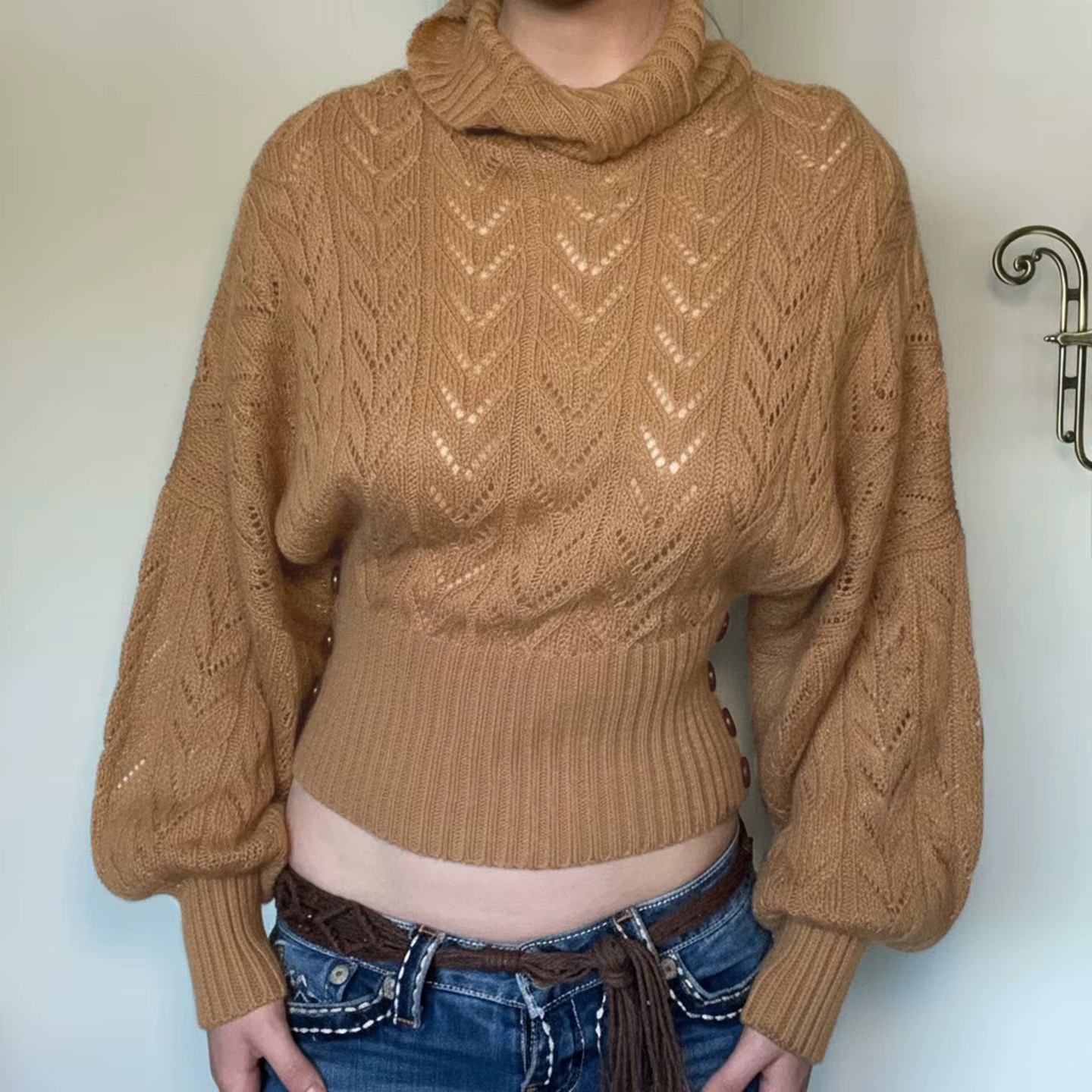 Col roulé marron tricoté pull Vintage femmes manches longues chauve-souris évider bouton tirer taille