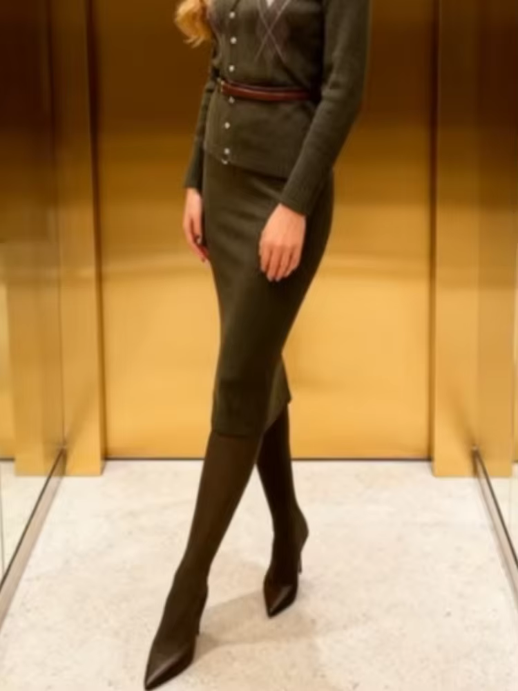 Ensemble jupe Cardigan tricoté à carreaux pour femmes