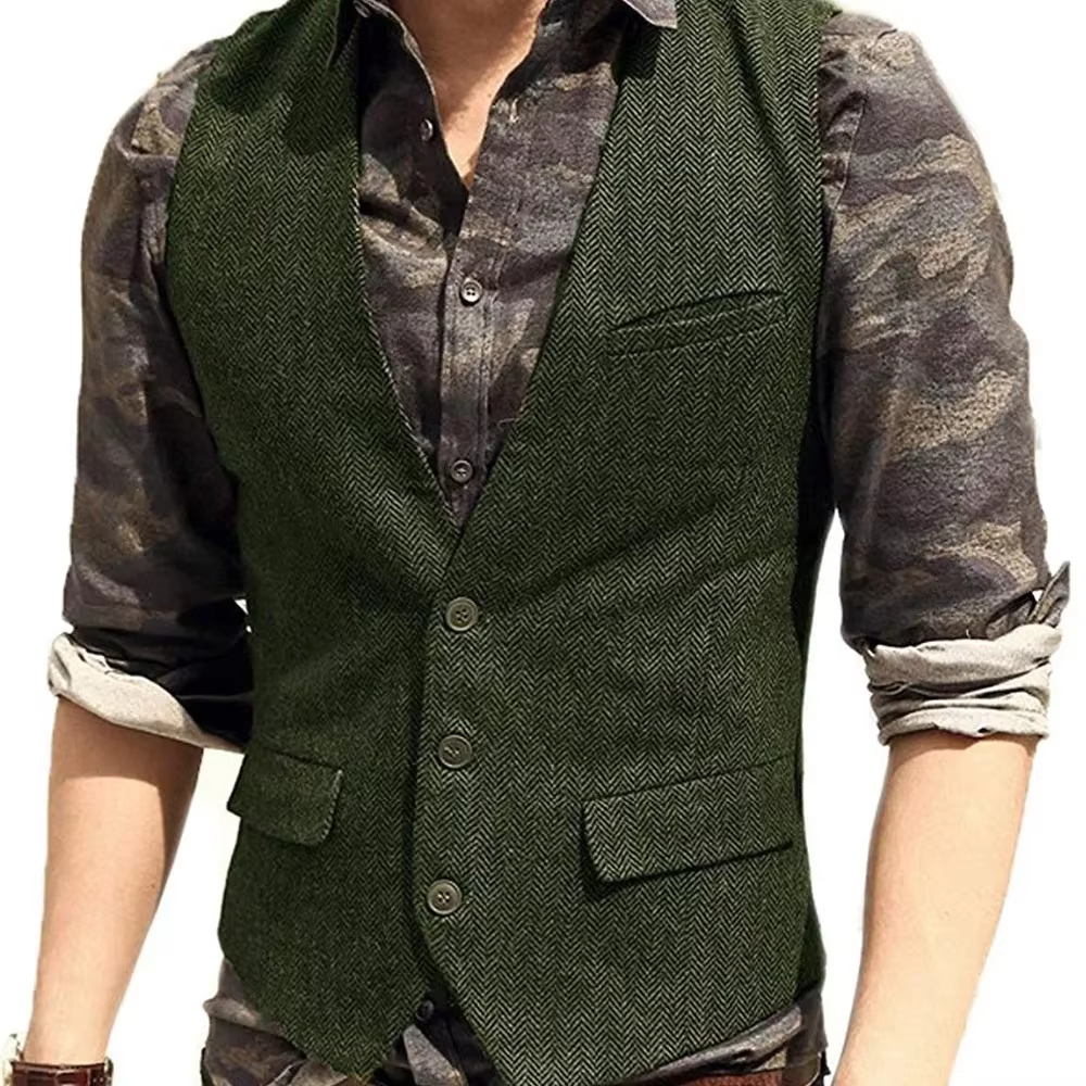 Gilet de Costume Homme 2025 Col en V Coupe Slim Motif Tweed pour Garçons d'Honneur Tenue de Mariage et de Fête Veste Décontractée Tendance