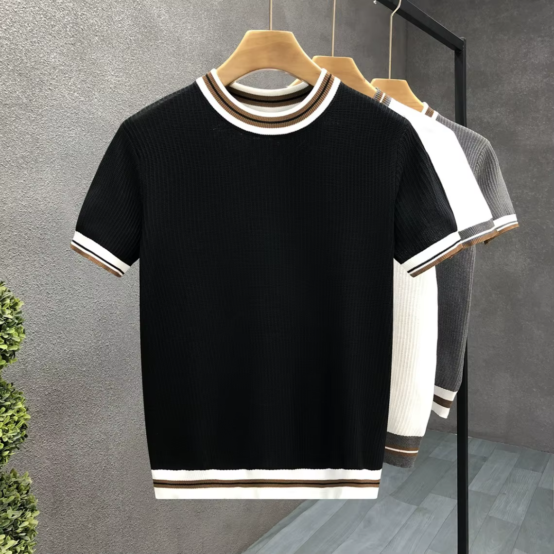 T-shirt léger d'été pour homme, col rond, rayé, manches courtes, pull tricoté, sous-vêtement décontracté, style vintage, poly…