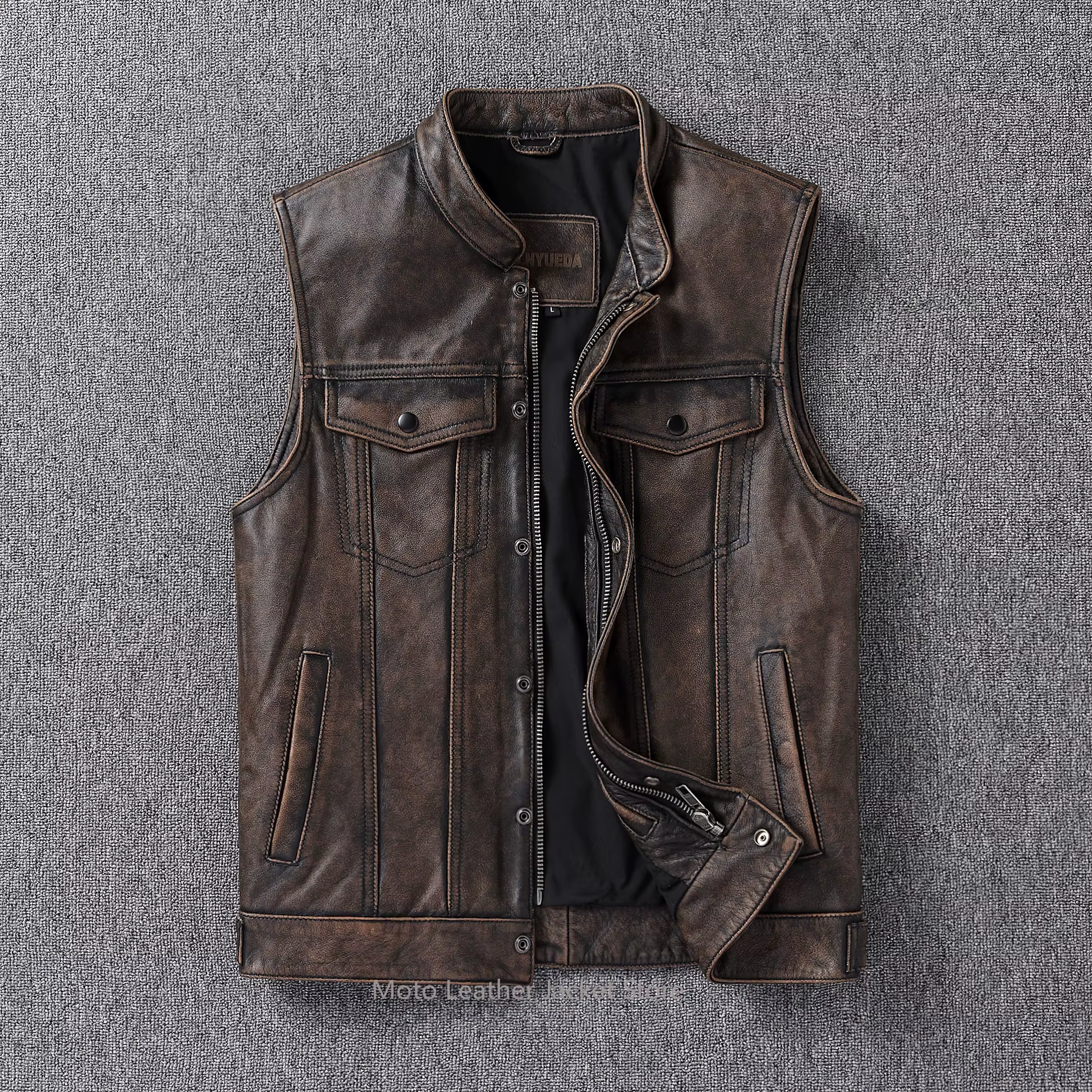 Gilet de motard vintage en cuir de vachette première couche vieilli pour homme – Veste de moto en cuir véritable