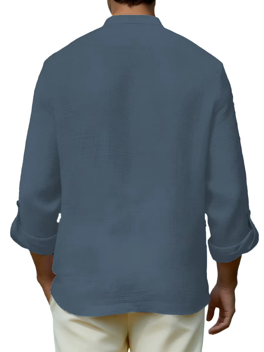 Chemise décontractée pour homme à col montant, manches longues, boutonnée
